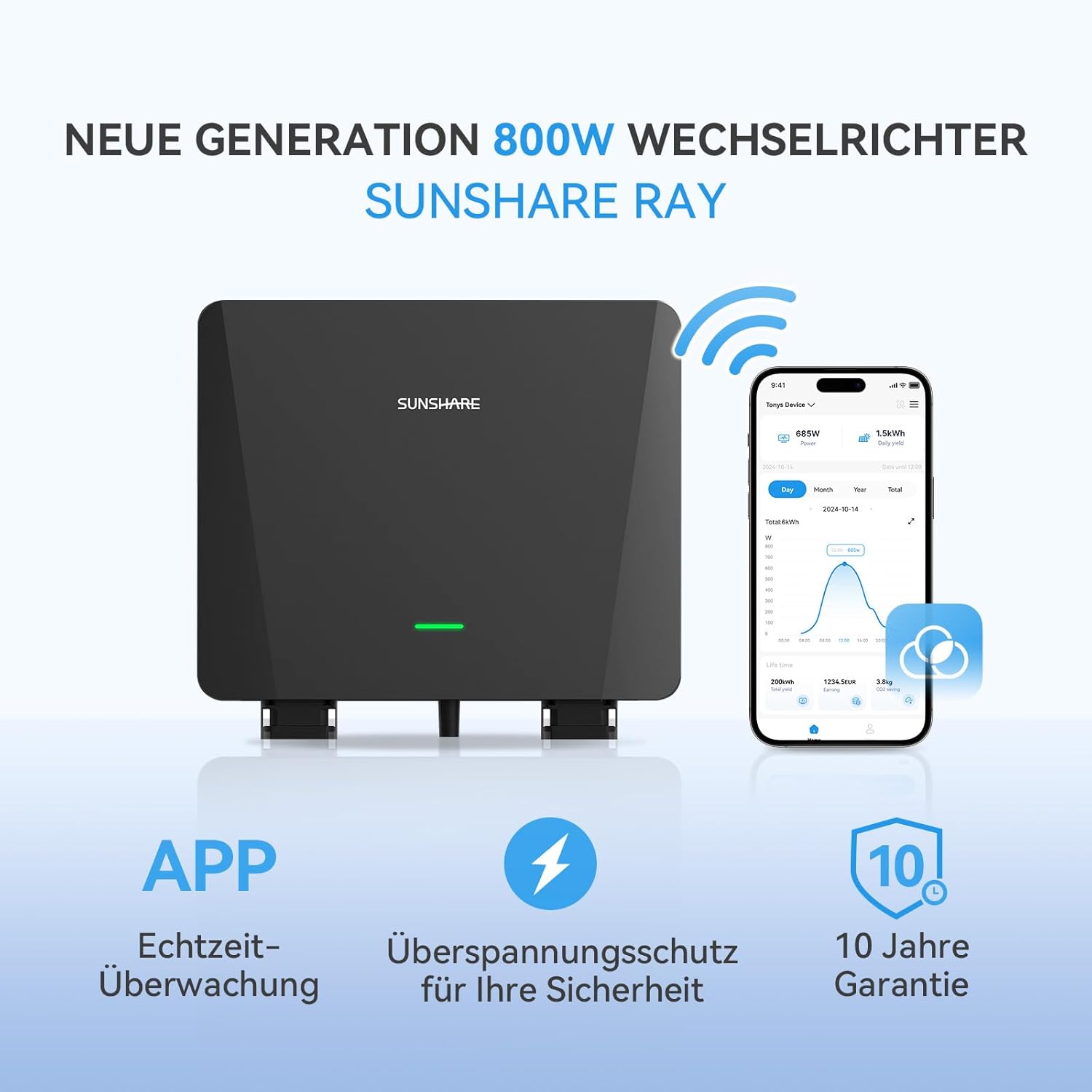 Ray 400W Balkonkraftwerk mit Halterung (Beton Balkon) - Balkonkraftwerk 800W komplett Steckdose - neuester 800 Watt Wechselrichter - Solaranlage Komplettset - inkl Zubehör - 5m Kabel
