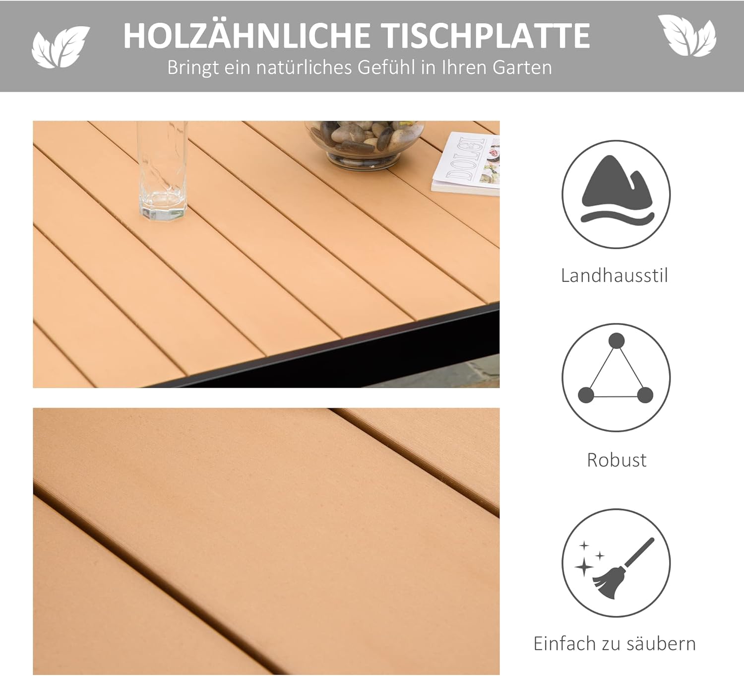Outsunny Gartentisch für 6 Personen Esstisch Aluminiumtisch Gartenmöbel Loungemöbel pflegeleicht Kunststoff Natur+Schwarz 140 x 90 x 74 cm