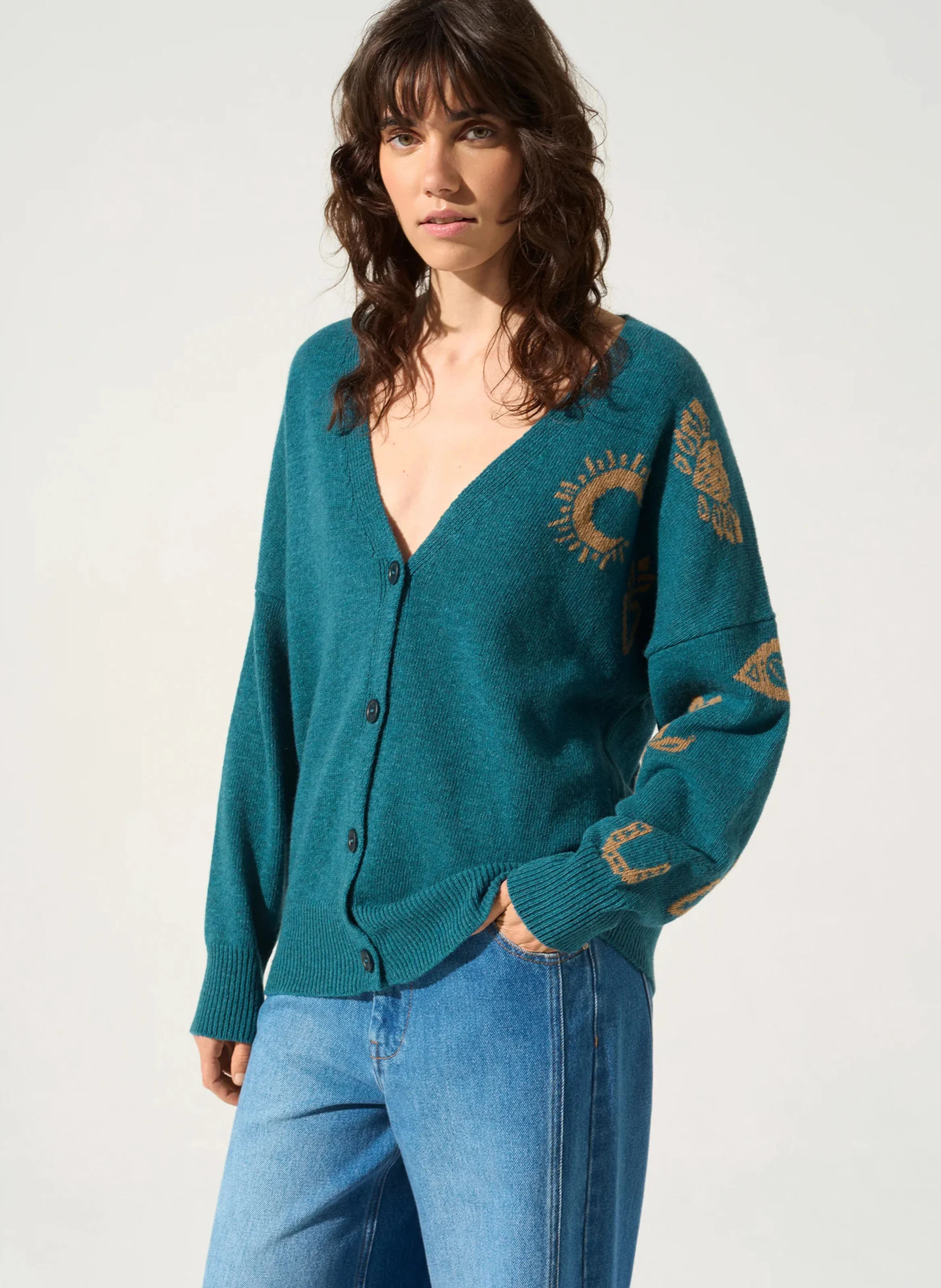 MIRZA - Cardigan col v à imprimé en laine mélangée| Rouge