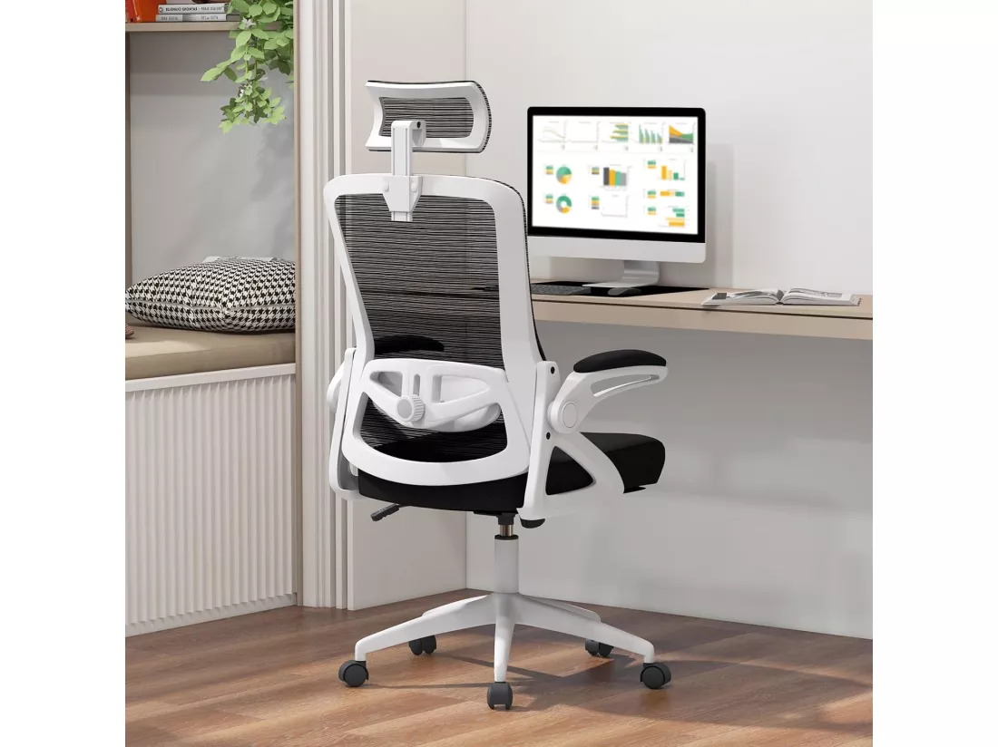 Chaise de Bureau Ergonomique, Chaise Pivotante avec Soutien Lombaire Ajustable & Dossier Basculant en Maille, Chaise d’Ordinateur avec Appuie-tête Ajustable et Accoudoirs Rabattables (Blanc)