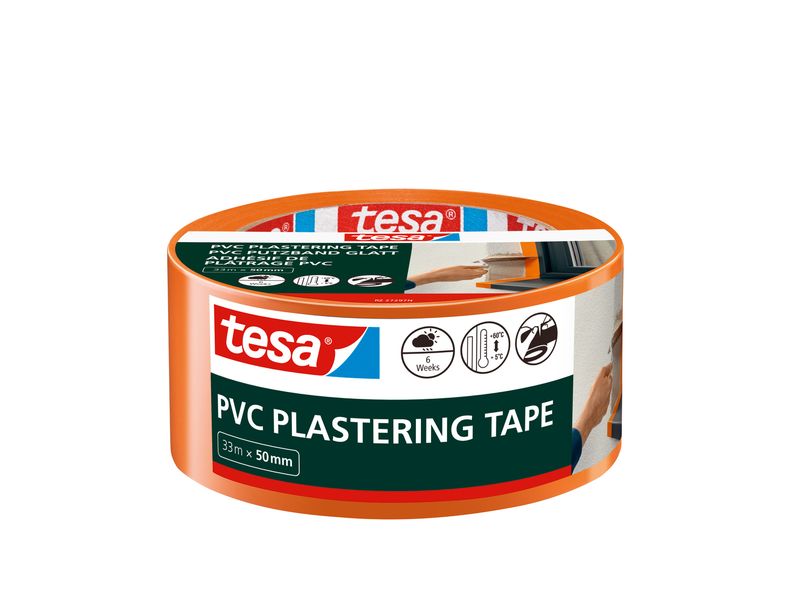 tesa PE Putzband, Orange, 33 m x 50 mm Hochwertiges Putzschutzband zum Schutz empfindlicher Profile und Verblendungen
