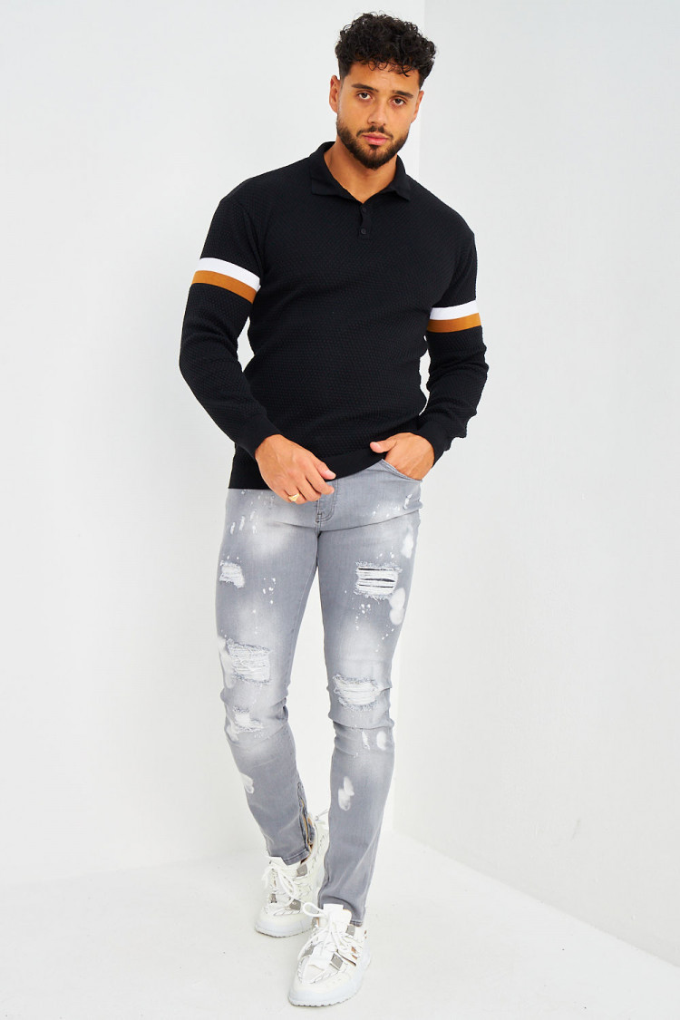 Jeans slim gris zippé, taché et déchiré