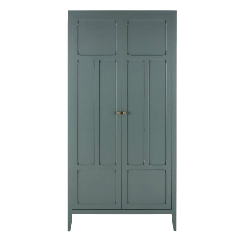 Armoire 2 portes en bois vert sauge – design vintage chic avec poignées dorées