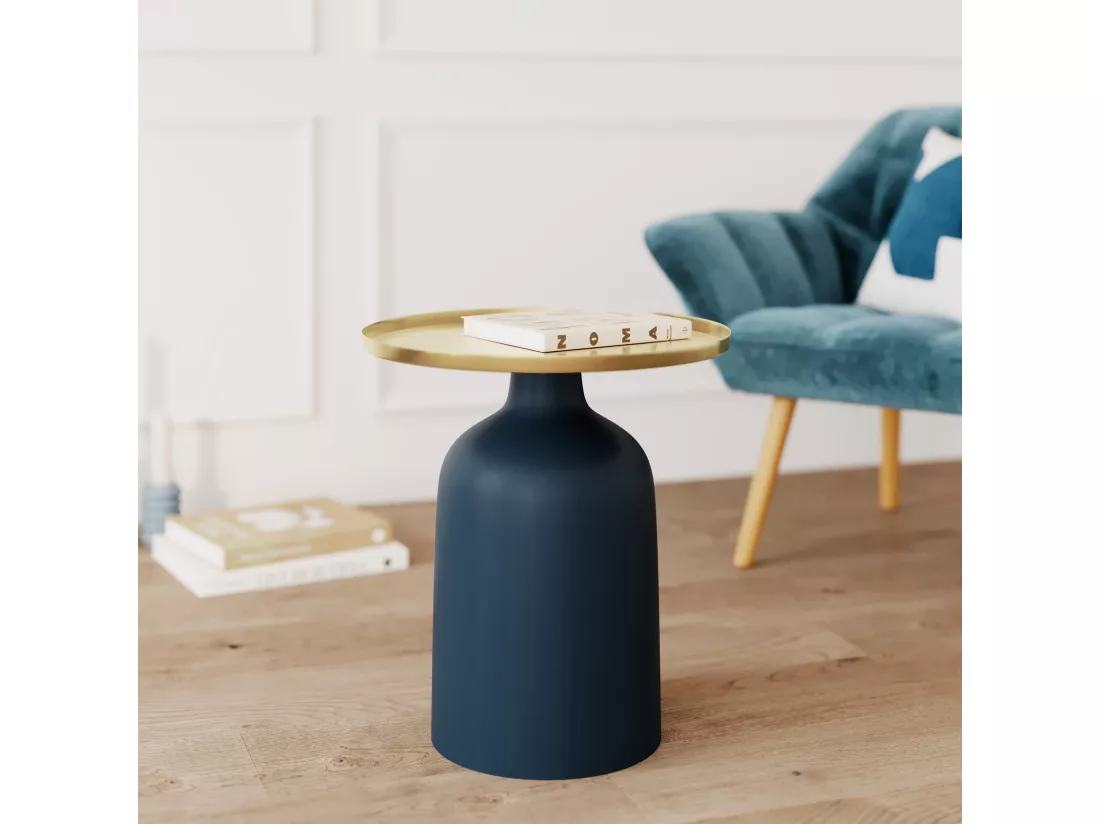 Table d'appoint ronde en métal bleu et laiton D45 cm - Lyne