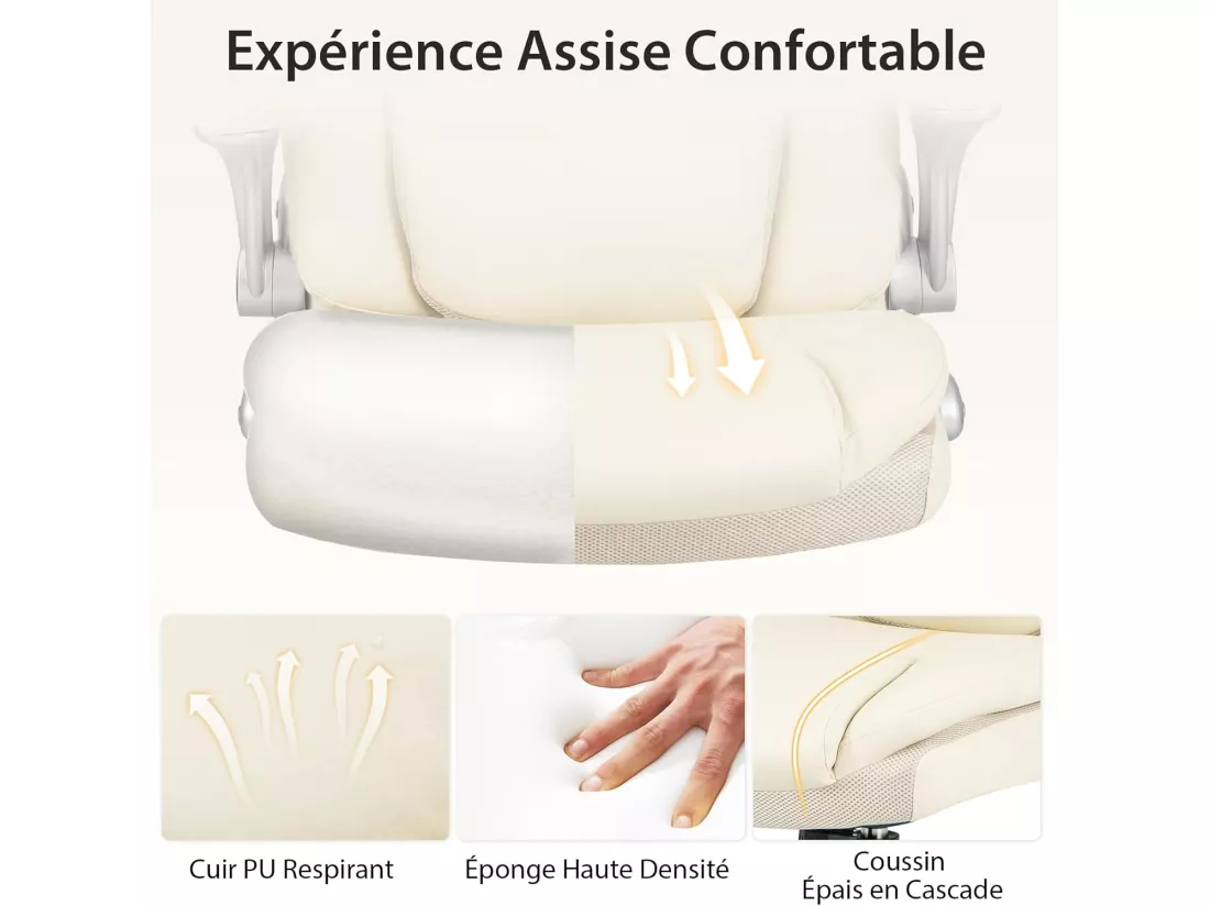 Fauteuil de Bureau Ergonomique, Chaise de Bureau en Cuir PU, à Bascule, Hauteur Réglable, Fauteuil de Gamer, Chaise de Travail Pivotant, Charge Maximale 160 kg, Blanc