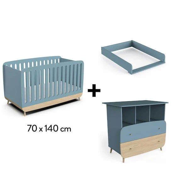 Firmiana Lit 70 x 140 cm Évolutif + Commode + Plan à Langer   Bleu Orage / Bois Naturel        de               CBA Meubles