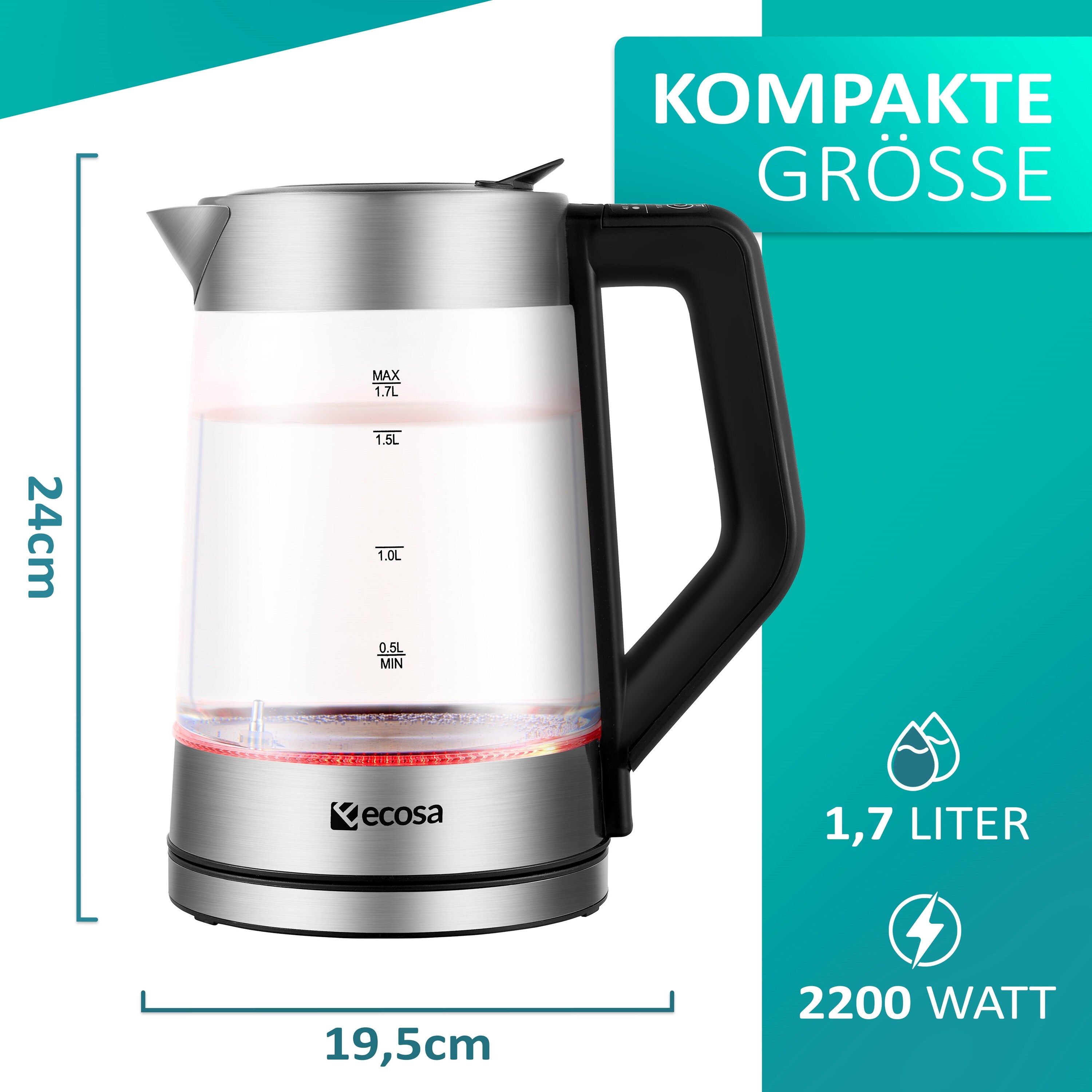 Ecosa Glas Wasserkocher Temperatureinstellung Easy Fill LED 1.7L