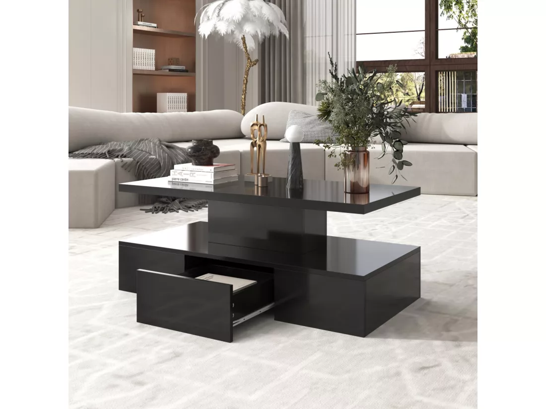 Table basse rectangulaire avec 1 tiroir et LED, 2 niveaux de stockage, 100x50x39cm, Noir