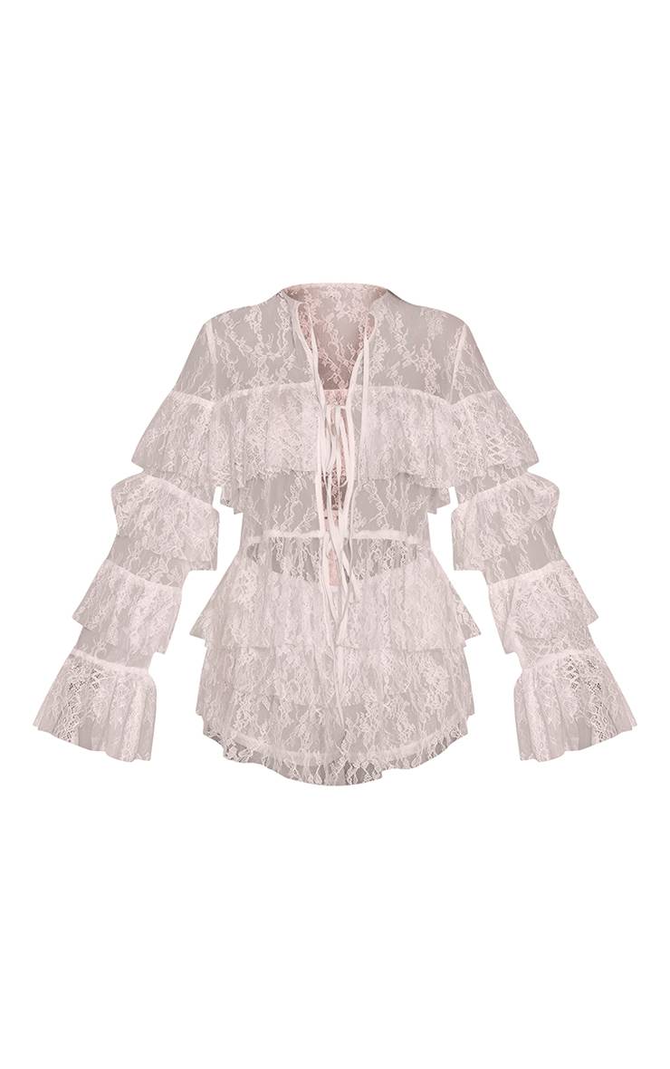 Crème Combi-short En Dentelle À Manches Longues Étagées Avec Nœud Sur Le Devant