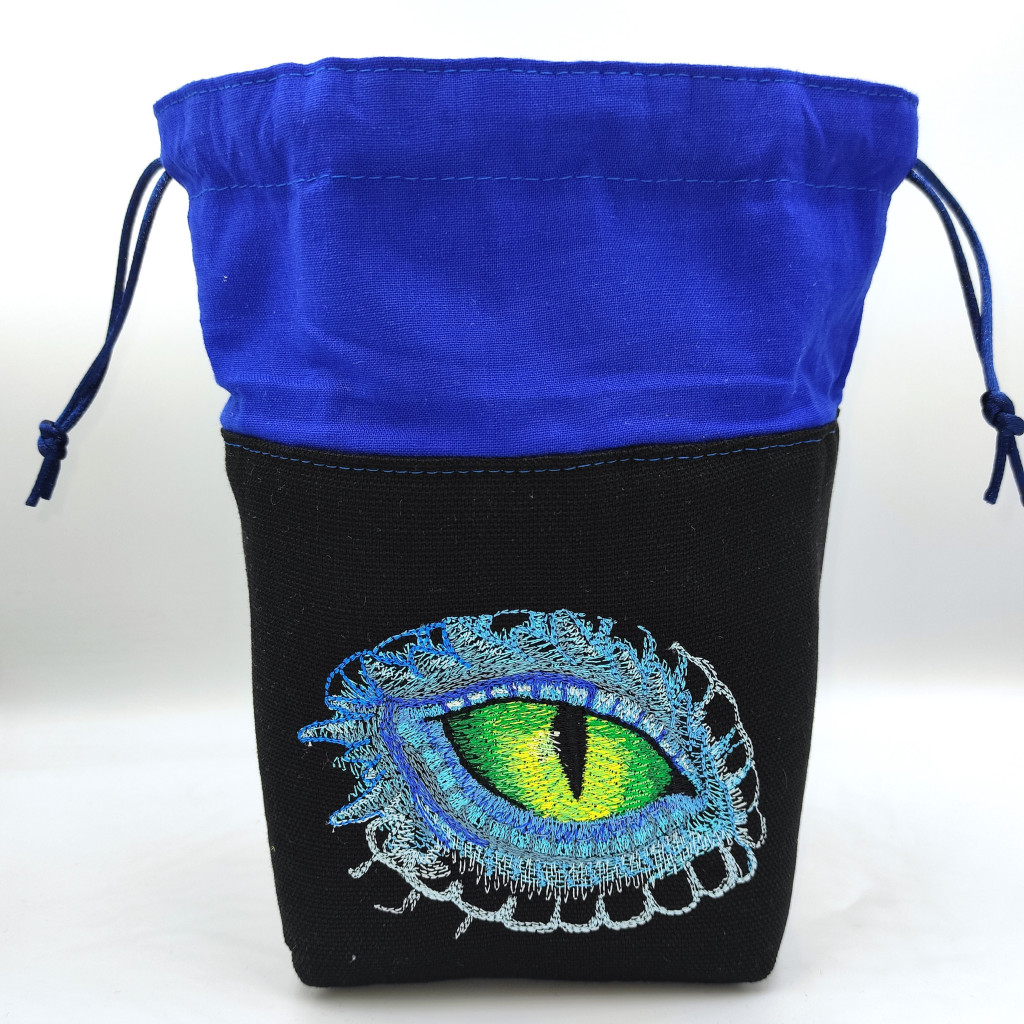 Bourse à dés carrée noir et bleu roi - motif oeil de dragon