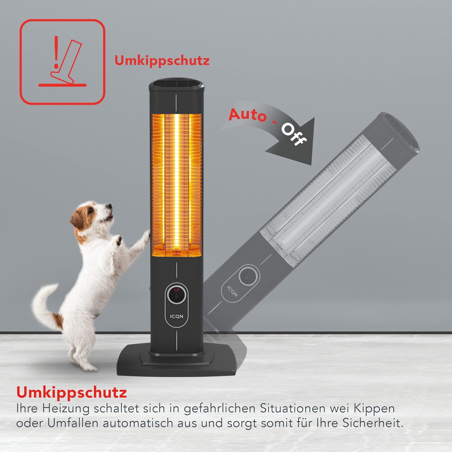 ICQN Stand Heizstrahler mit Fernbedienung, 2300 Watt, Infarot, Infarotheizung für Innen- & Außenbereich, Standheizstrahler, Standgerät, IP20, Digitalanzeige