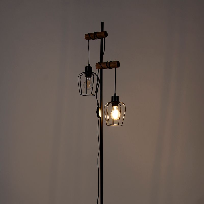 Landelijke vloerlamp zwart met hout 2-lichts - Stronk