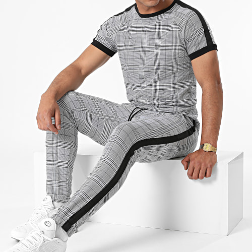 Ensemble Tee Shirt Oversize Pantalon Jogging A Carreaux Avec Bandes 5003 Noir Gris