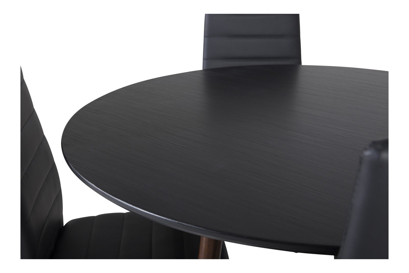 Plaza og Slim Spisegruppe Plaza rundt spisebord ø100cm i sort og valnøtt ben med 4 stk. Slim spisestoler i Sort og sorte ben.