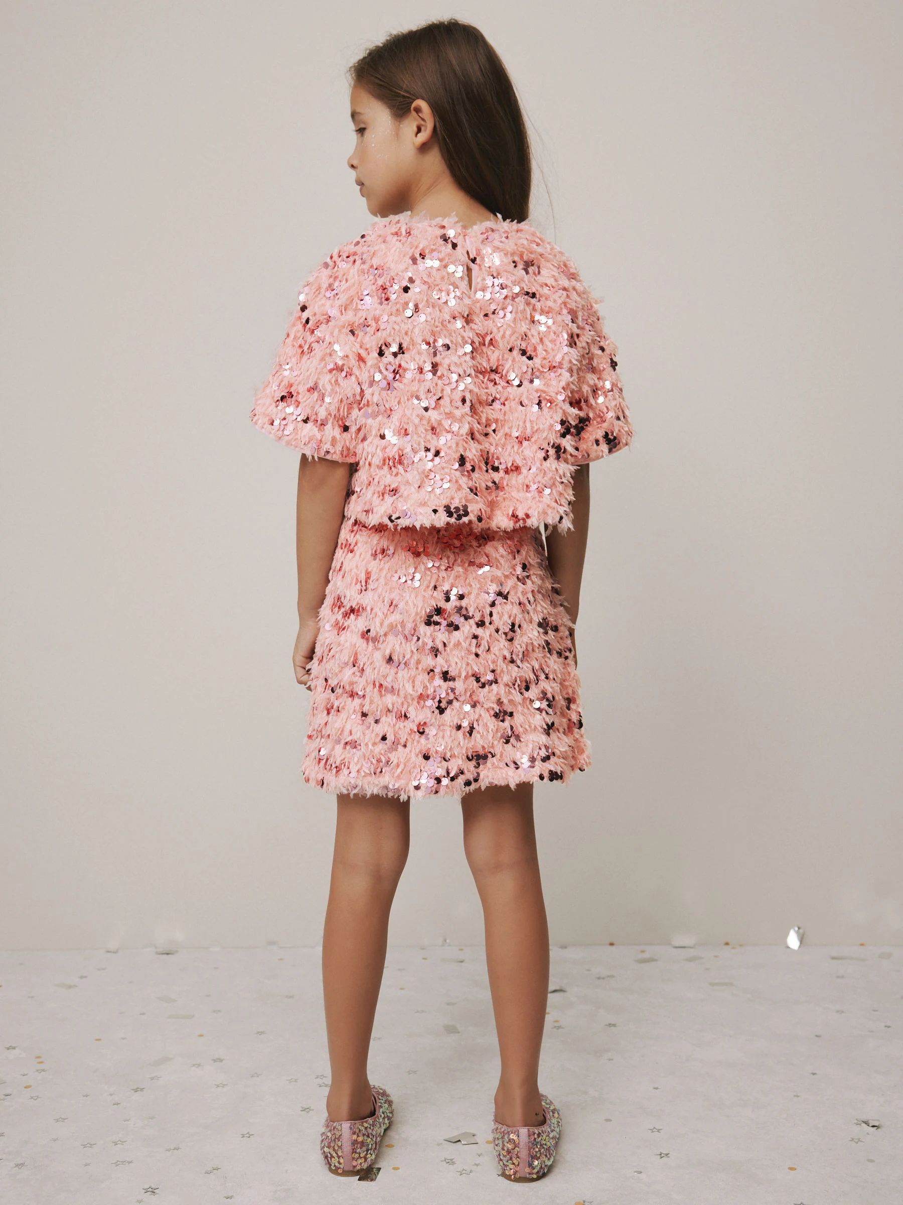 Roze pluizige Pailletten - Set van T-shirt en rok (3-16jr)