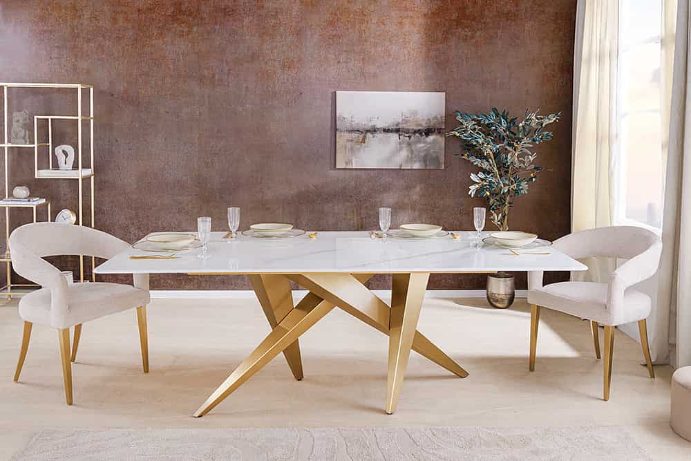Design Esstisch ART LIVING 200cm weiß Marmor Keramik Metall brushed champagner gold