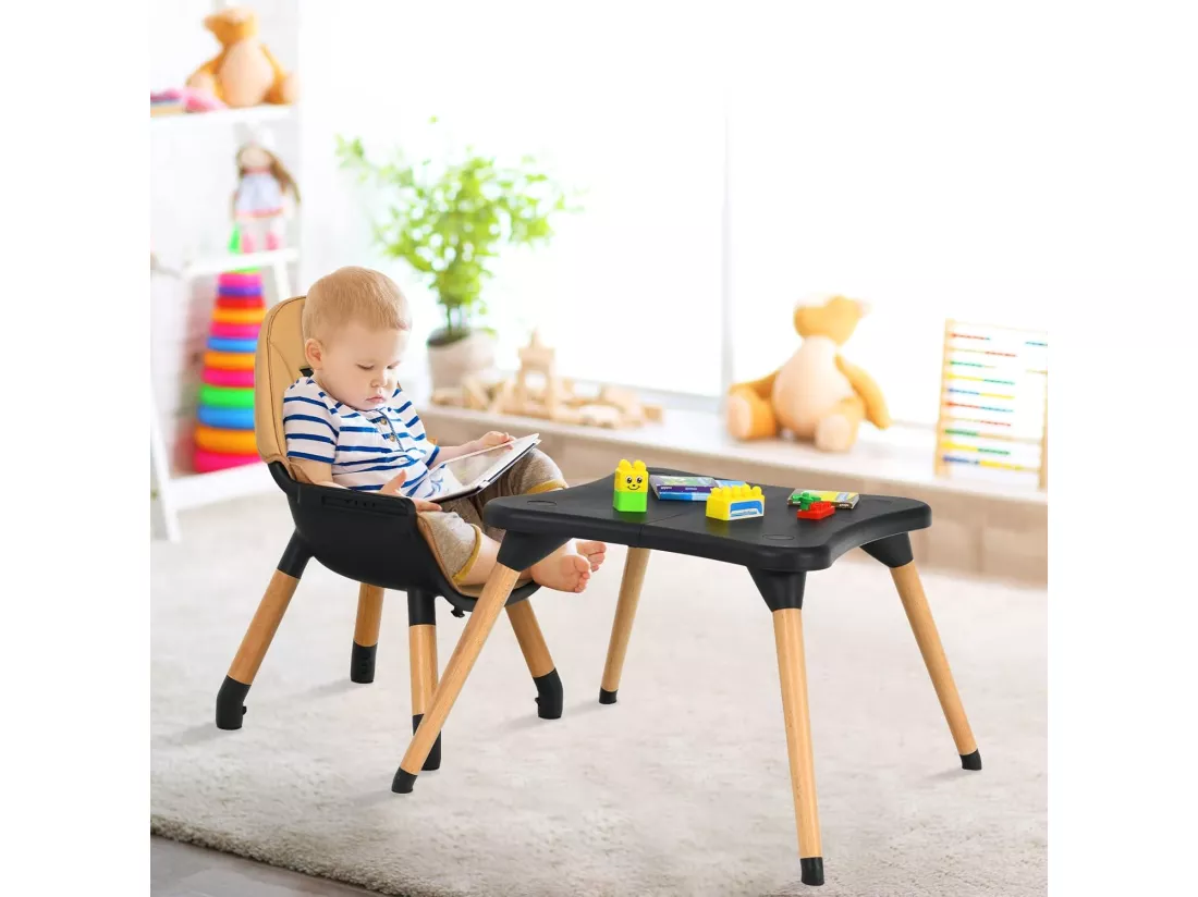 4 en 1 Chaise Haute Bébé Convertible Plateau Réglable en 4 Etapes-Peut être Démonté en une Table et une Chaise avec Coussin Amovible,Repose-Pieds pour Bébé 6 Mois-3Ans Charge 15KG (Café)