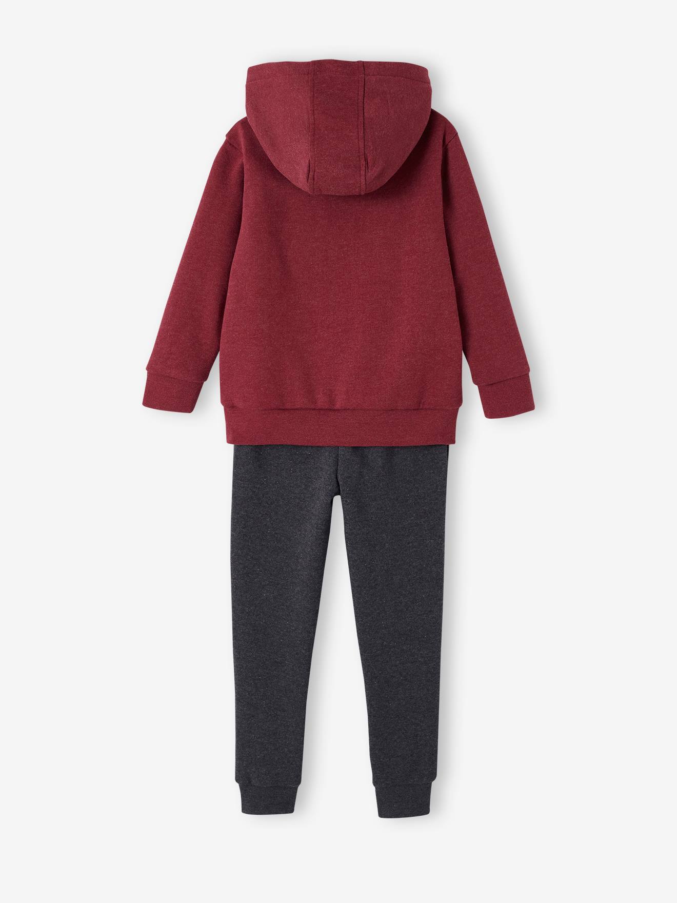 Conjunto de treino infantil: casaco com capuz em fleece vermelho mesclado e calça de moletom.