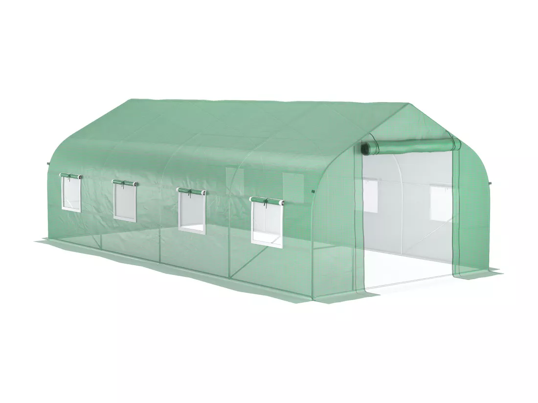 Serre tunnel grande taille 17,85 m² châssis tubulaire acier galvanisé renforcé 2,4 cm 8 fenêtres 1 porte vert