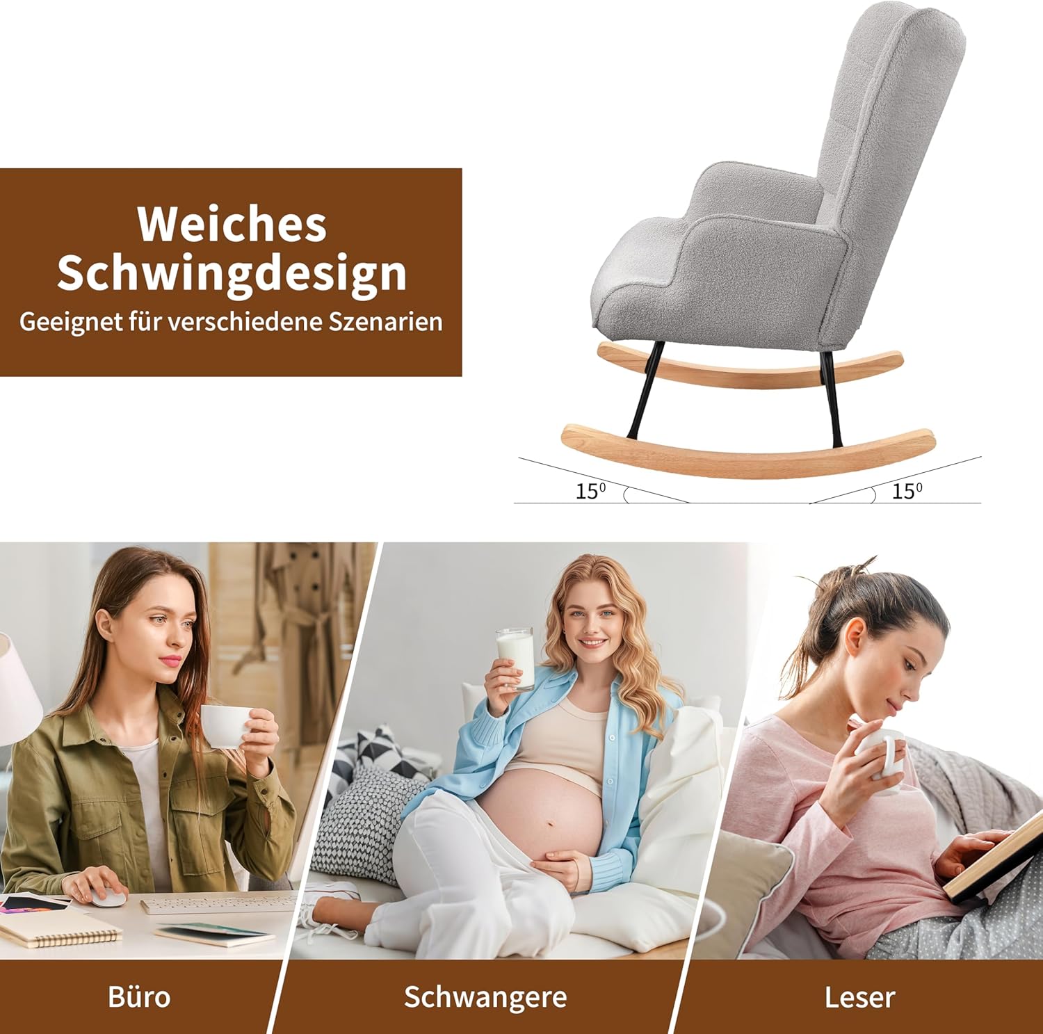 Schaukelstuhl Relaxsessel Stillsessel Schaukelsessel Wohnzimmersessel Schwingsessel mit Metallgestell und Holzsockel, Belastbarkeit Bis 130 Kg, Teddystoff, Hellgrau, 75 x 68 x 92 cm