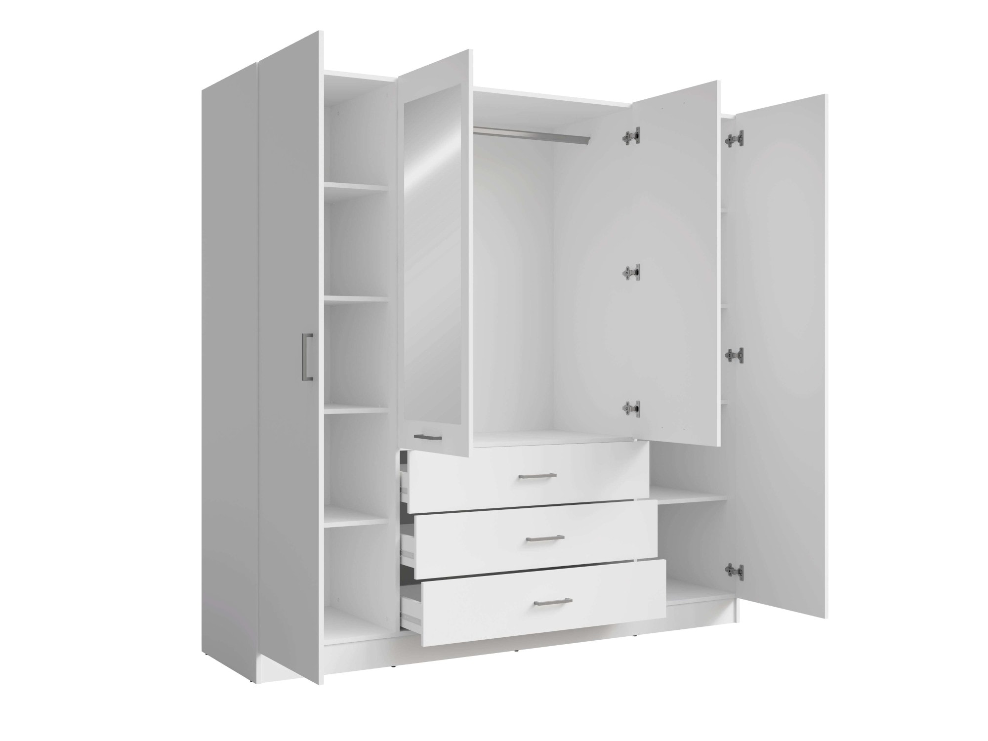 Home affaire Kleiderschrank »KOS Garderobe mit 3 Schubladen, Kleiderstange, 8 Einlegeböden, Spiegel« Wäscheschrank mit 4 Drehtüren, silber Griffen, Masse B/H/T 200/200/58cm