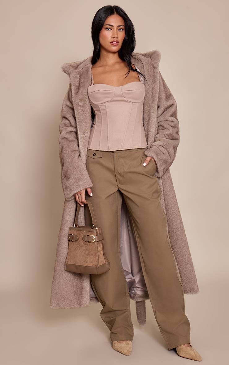 Kaki Pantalon Tissé À Jambe Tonneau Avec Boutons