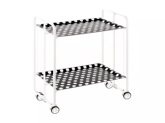 Chariot pliant à roulettes, desserte - Structure métallique blanche, 2 niveaux en stratifié motif Ronds blancs fond noir - 72*66*43 cm - BAUHAUS