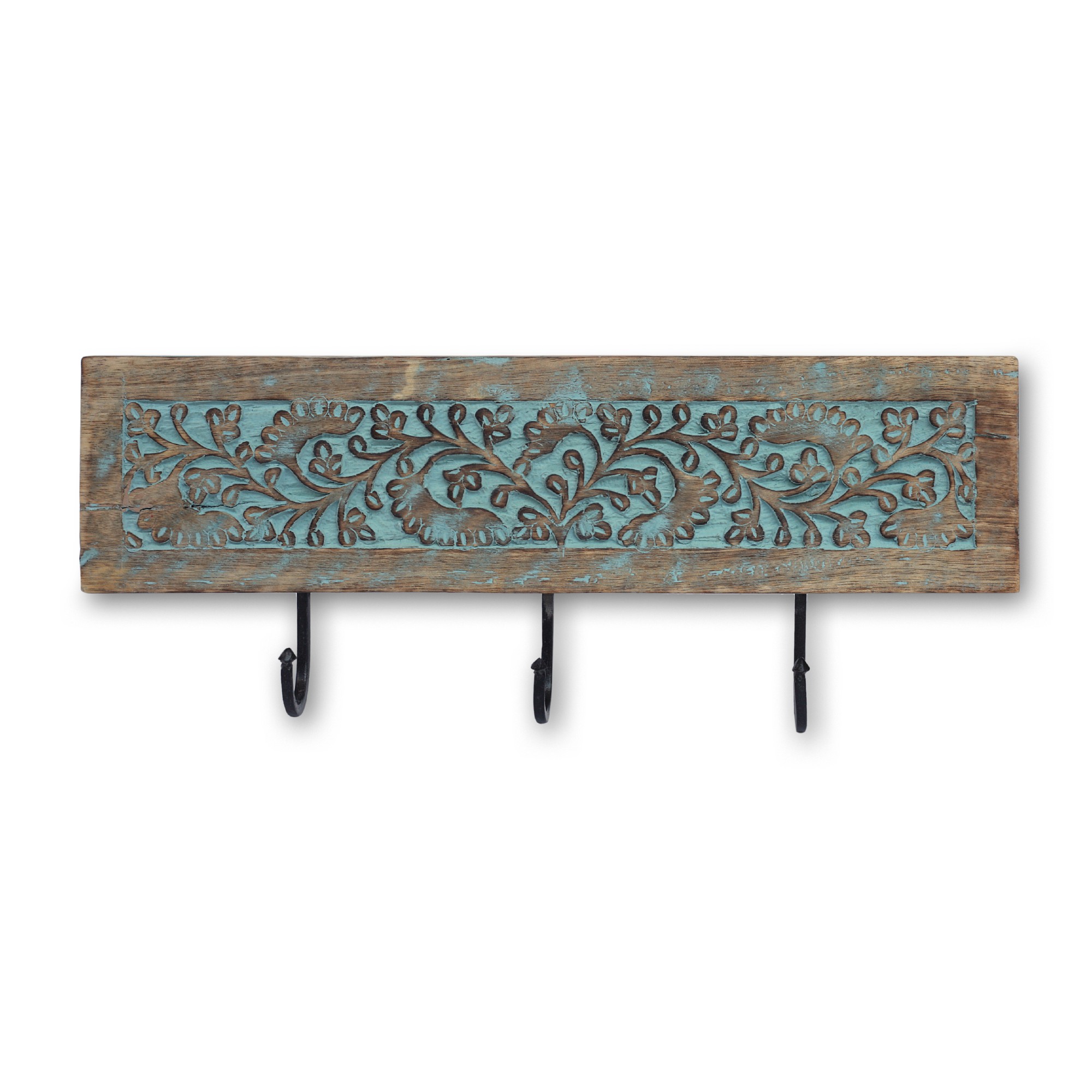 3-er Wandhakenleiste 'Adya', blau, natur, H 11 cm, B 45 cm, T 2 cm von fischer's lagerhaus