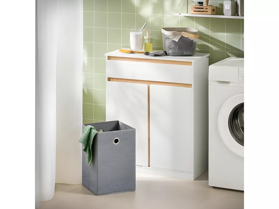 SoBuy Meuble Bas de Salle de Bain avec Bac à Linge Amovible Armoire à Linge Commode pour Salle de Bain Armoire Toilette avec 1 Tiroir, et 1 Panier à Linge, 71x33x85 cm, Blanc, BZR79-W