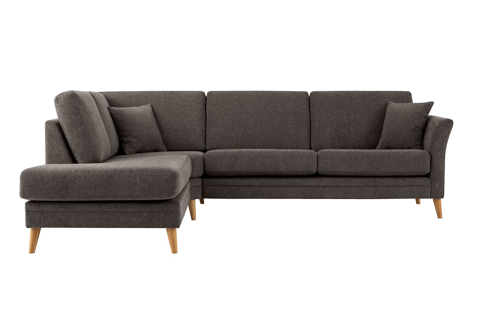 Eden hjørnesofa 2,5-seter med åpen ende høyre. Tekstil Thor 5 Brown med ben i eik natur (15137).