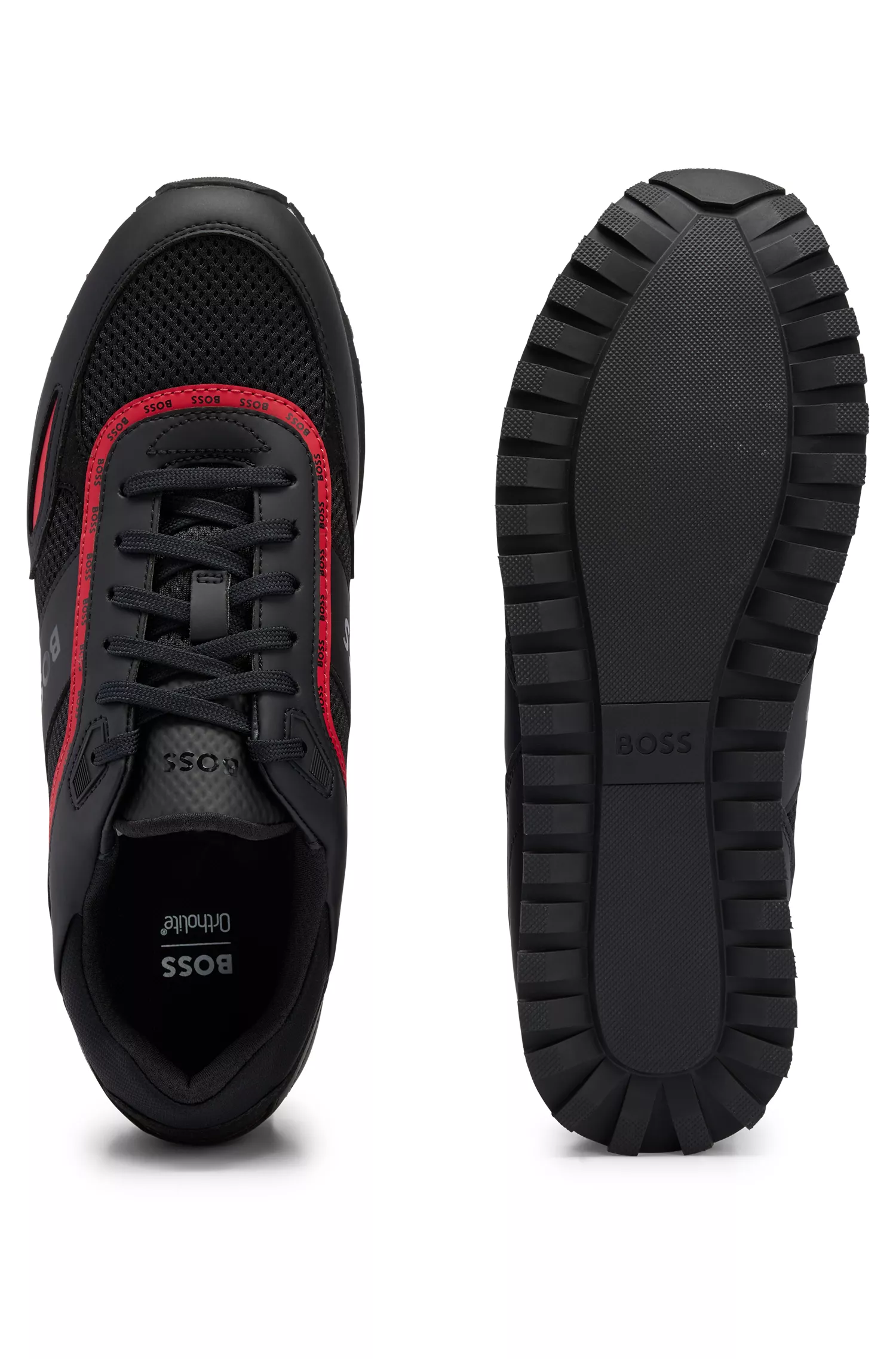 Tênis BOSS preto em material misto com detalhes do logotipo