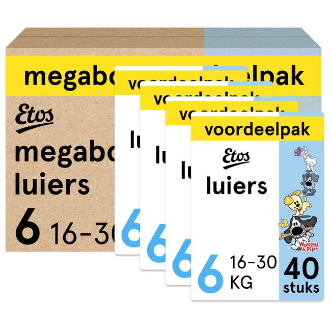 Etos Woezel & Pip Luiers XL Maat 6 16-30 kg Megabox 4x40 stuks