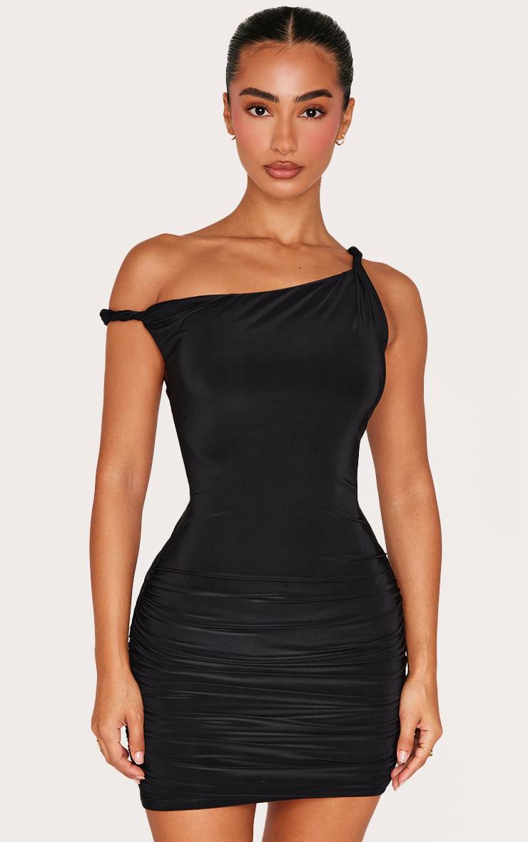 Noir Robe Courte Petite En Double Jersey Slinky À Encolure Asymétrique Avec Détail Torsadé