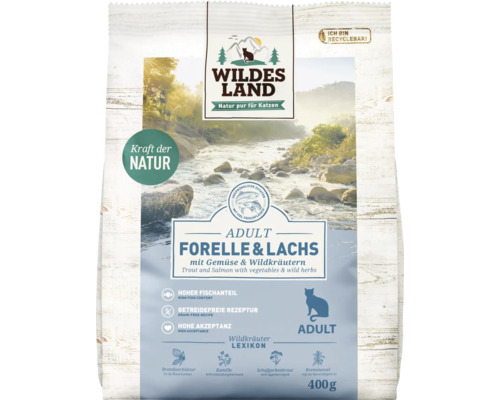WILDES LAND droogvoer voor katten, forel en zalm, volwassen, met groenten en wilde kruiden, met waardevolle superfoods, graanvrij, glutenvrij, 400 g