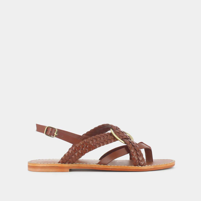 Sandales plates tressées  en cuir cognac