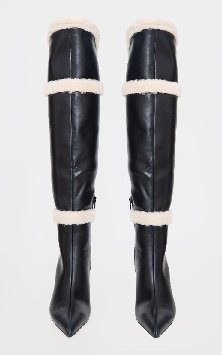 Noir Bottes Cuissardes À Talon Aiguille Haut En Synthétique Blanche Et Bout Pointu En SYNTHÉTIQUE