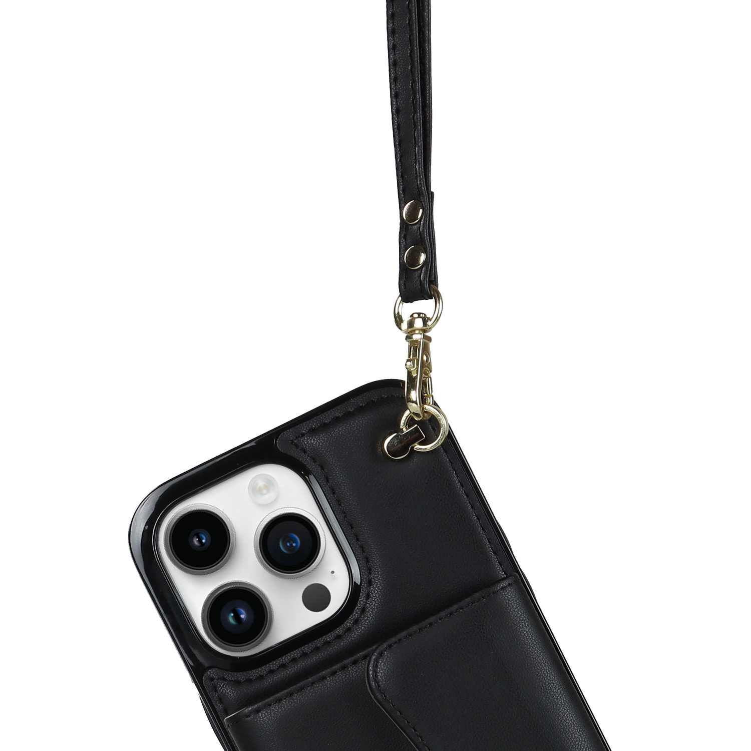 iPhone 14 Pro Max Necklace Leder Schutz Hülle mit Kartenfach   Handykette (140cm) - Schwarz