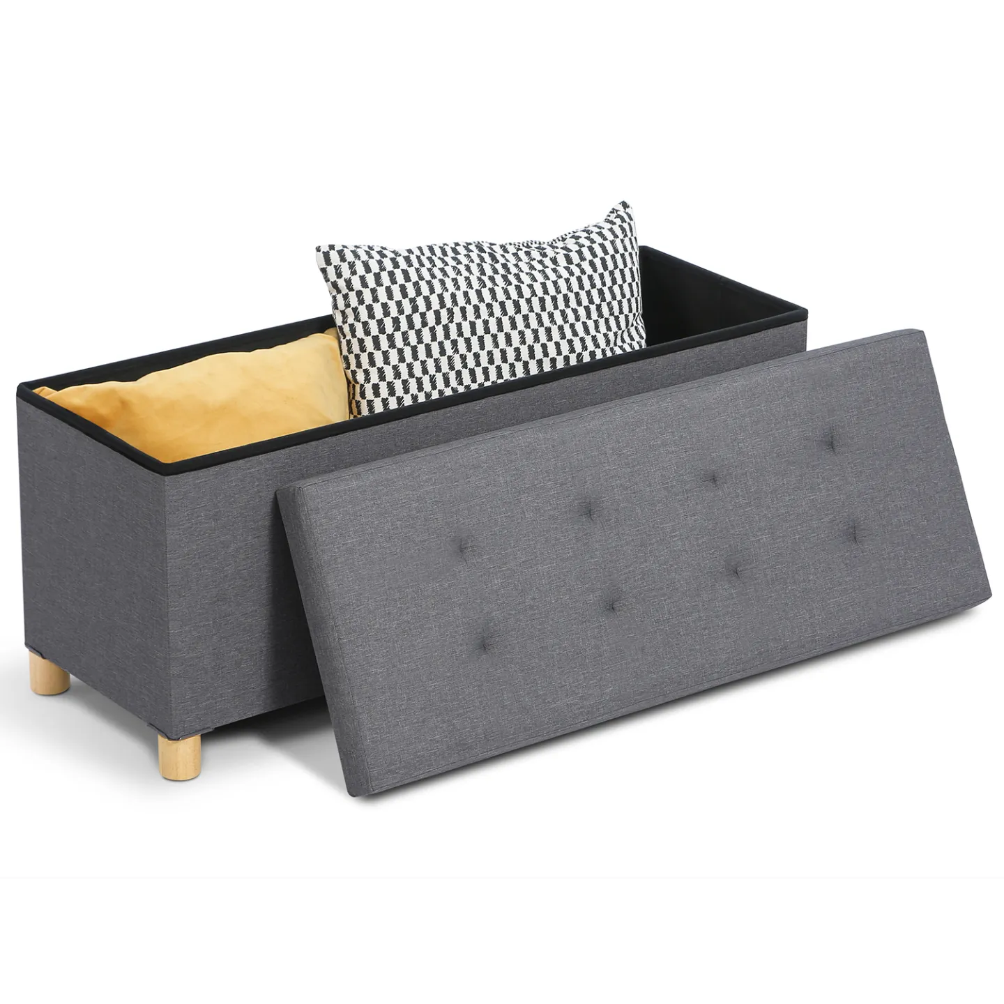 Banc coffre rangement sur pied 100 cm tissu gris anthracite