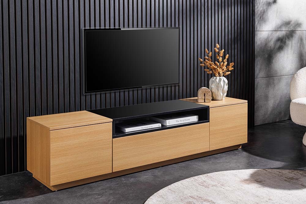 Modernes TV-Board LOFT 160cm natur schwarz drei Fächer mit Schublade