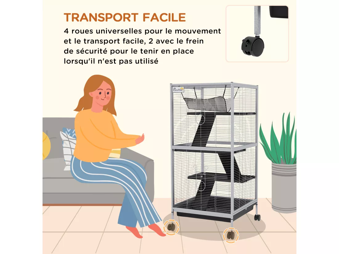 Cage pour petits animaux portable avec 2 portes hamac métal PP 52 x 52 x 113,5 cm blanc