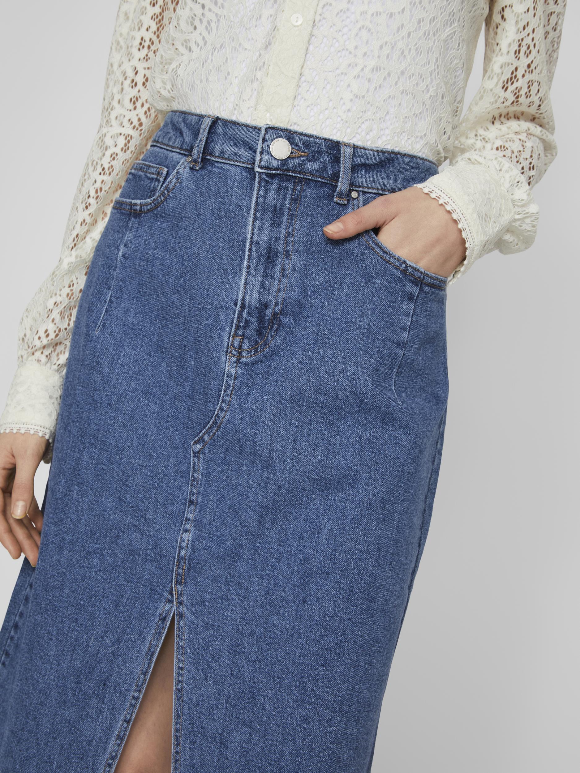 Vila  Visol RW Midi Slit denimnederdel - Medium Blue Denim
