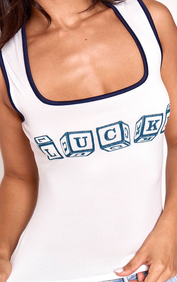Blanc Débardeur À Détail De Bordure Contrastante Et Motif Lucky