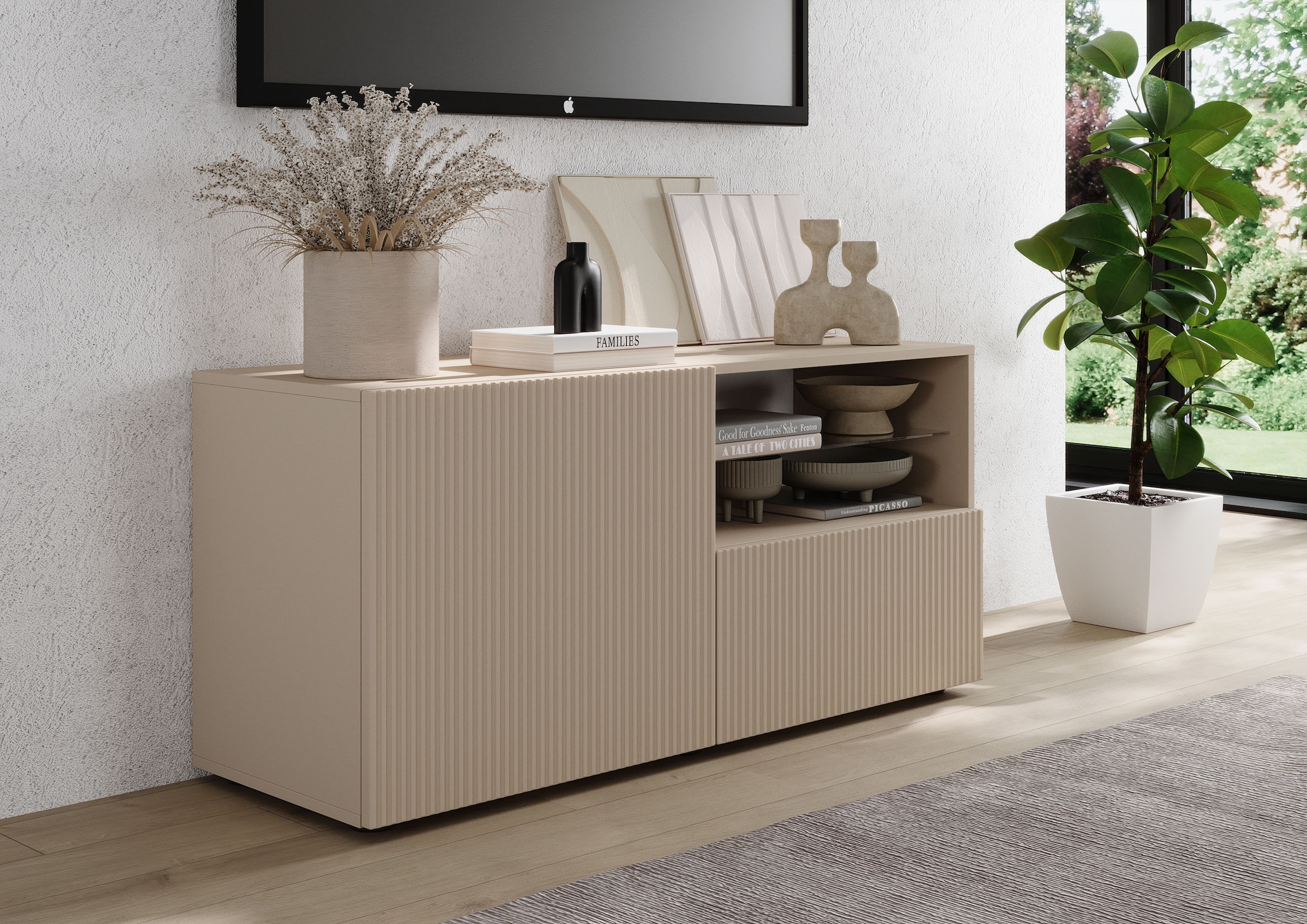 INOSIGN Lowboard »Rio Breite 120 cm, TV-Board 1 Tür u. 1 Schubkasten, TV-Schrank« geriffelte MDF-Fronten, modern u. elegant, Kabelführung, platzsparend