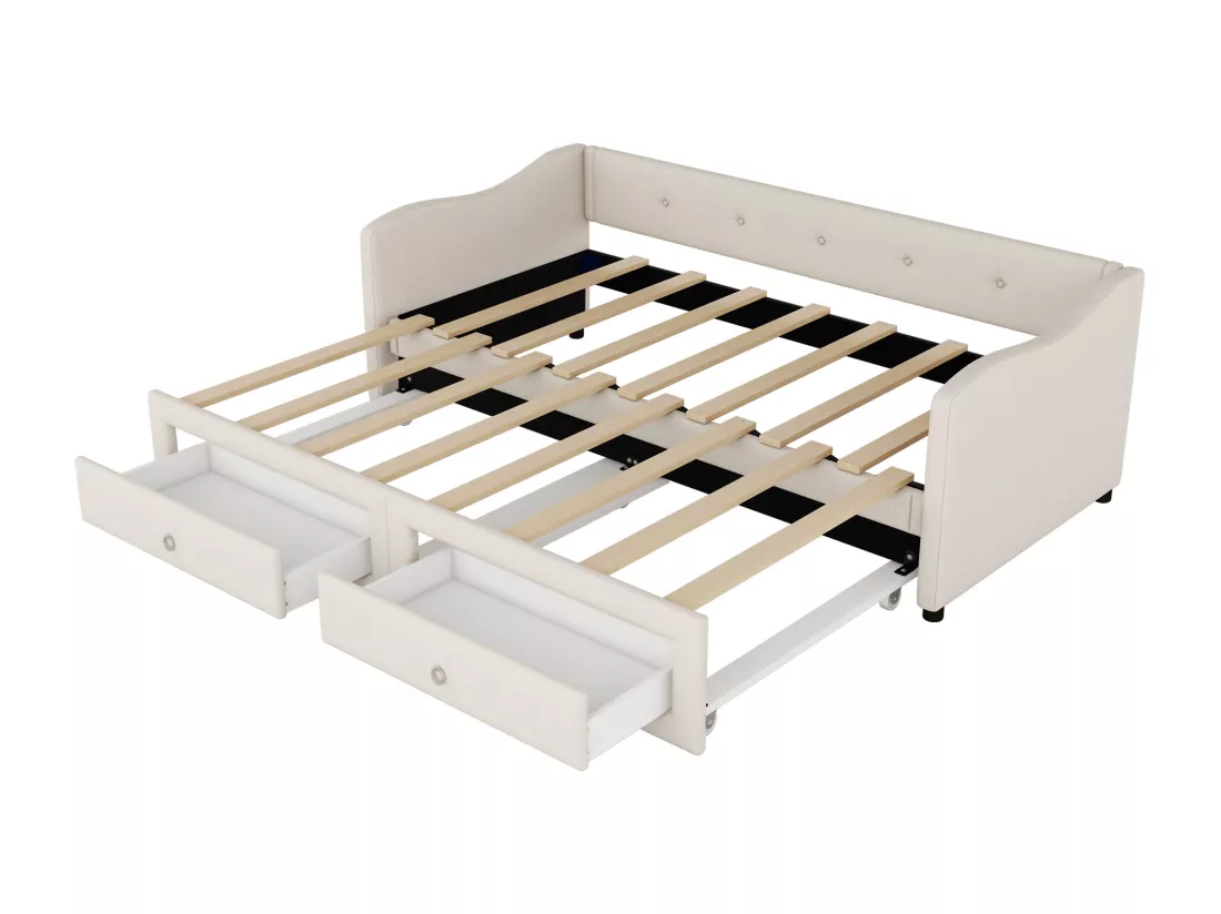 Lit gigogne 90/180 x 200 cm avec 2 tiroirs - tissu en lin - beige (sans matelas)