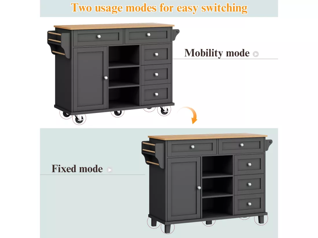 Ilot central de cuisine mobile - 5 tiroirs et 5 compartiments - MDF - Noir