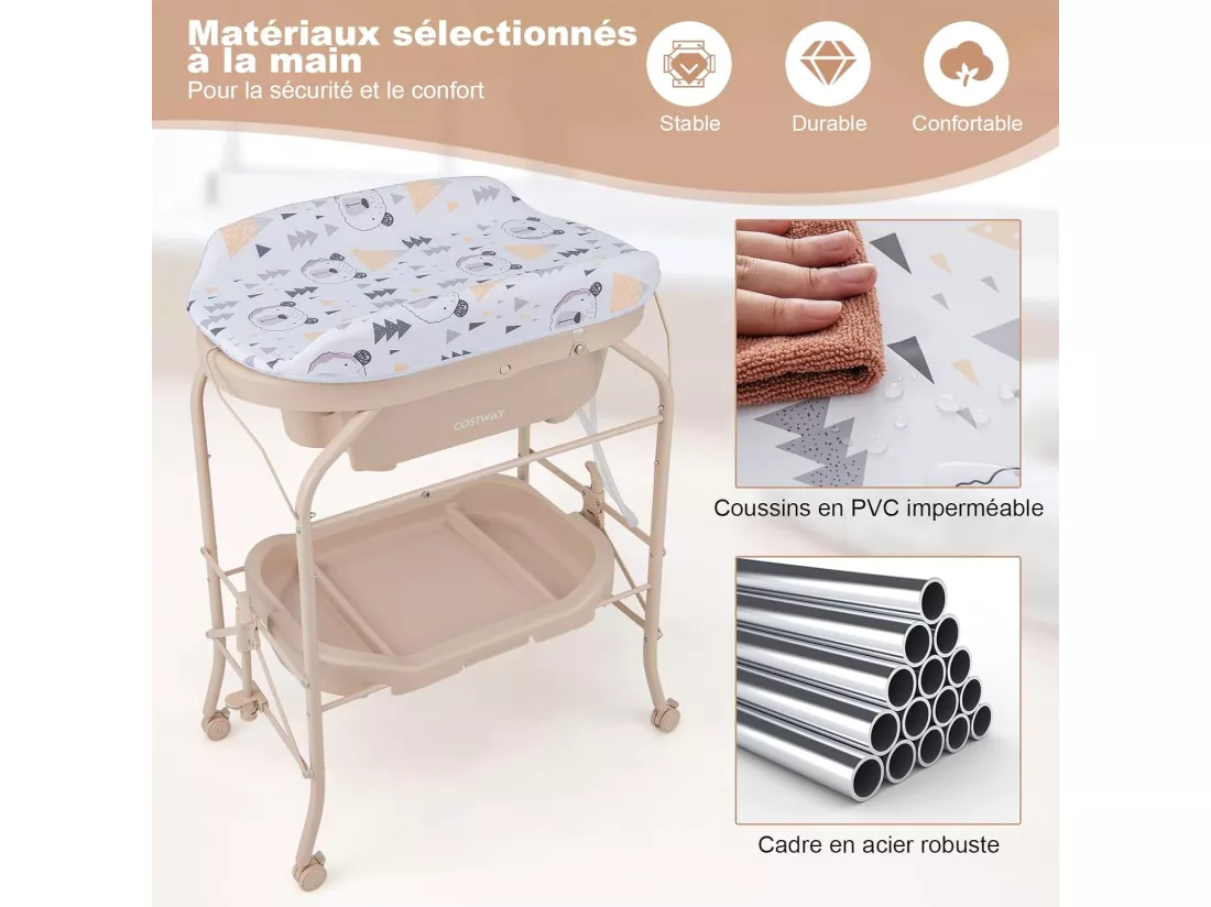 Table à Langer 2 en 1 avec Baignoire 20L Plateau de Rangement, Commode à Langer Pliable Couches Étanches Roue Universelle à Frein Charge 35KG, pour Bébé 0-12 Mois (Beige)