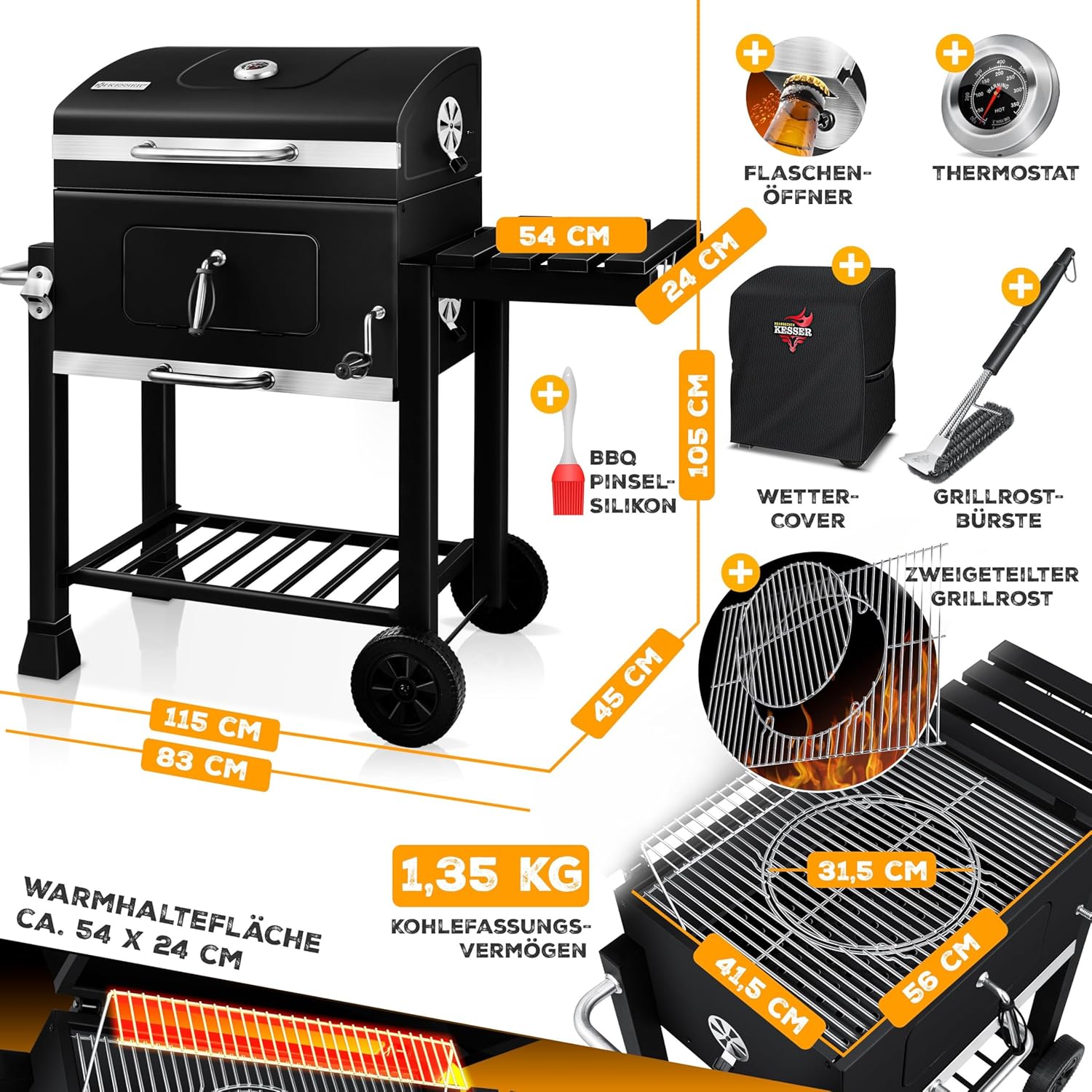 KESSER® Grillwagen BBQ Smoker XL Holzkohlegrill mit Deckel, Rädern, Edelstahl-Griff, Thermometer, Grillrost, Bürste, Abdeckhaube & Silikon-Pinsel, Standgrill, Kohlegrillwagen