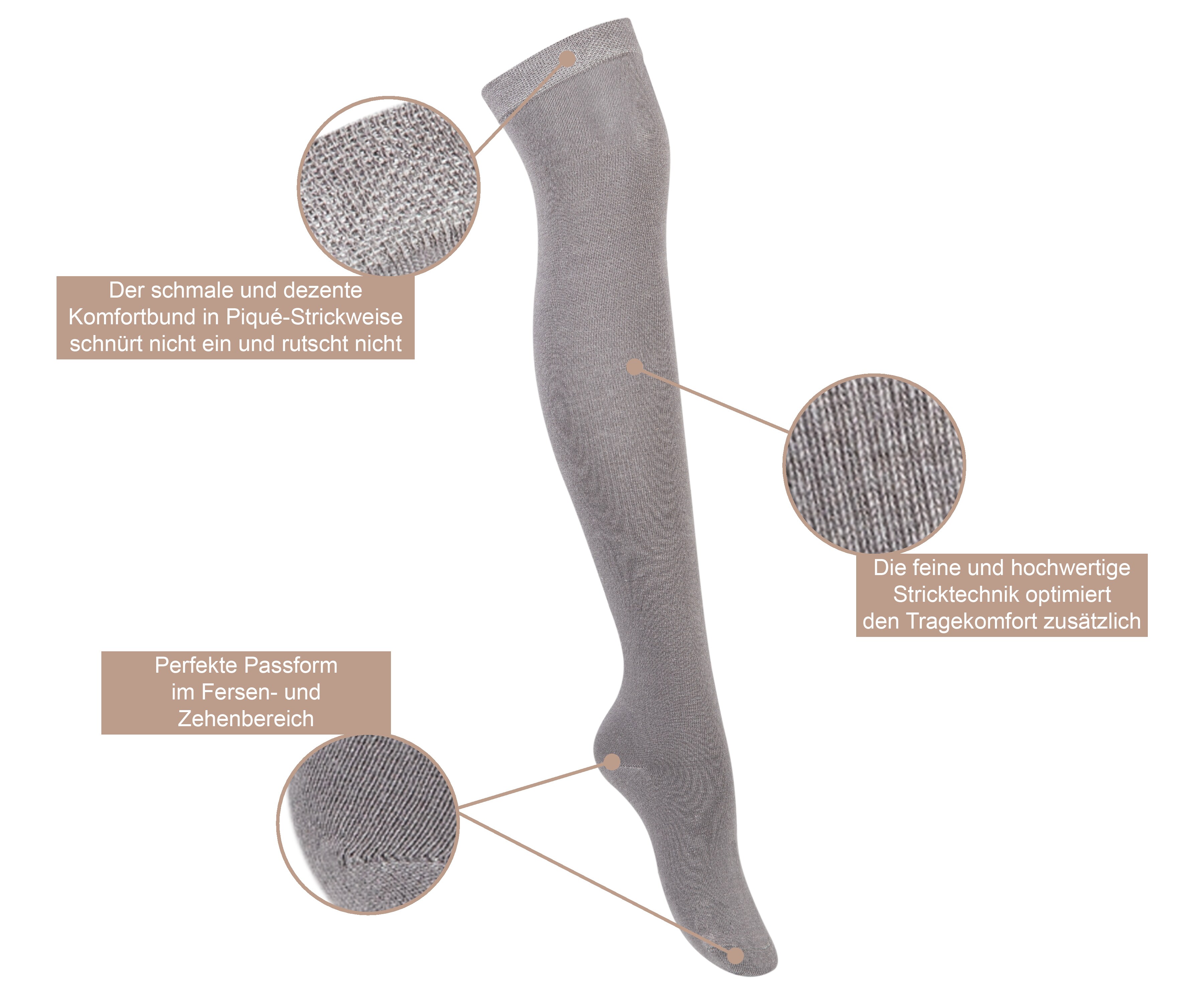 Paolo Renzo® Damen Baumwoll Overknees mit Anti-Rutsch-Bund 1 Paar - Größe 36/41 - Dunkelgrau