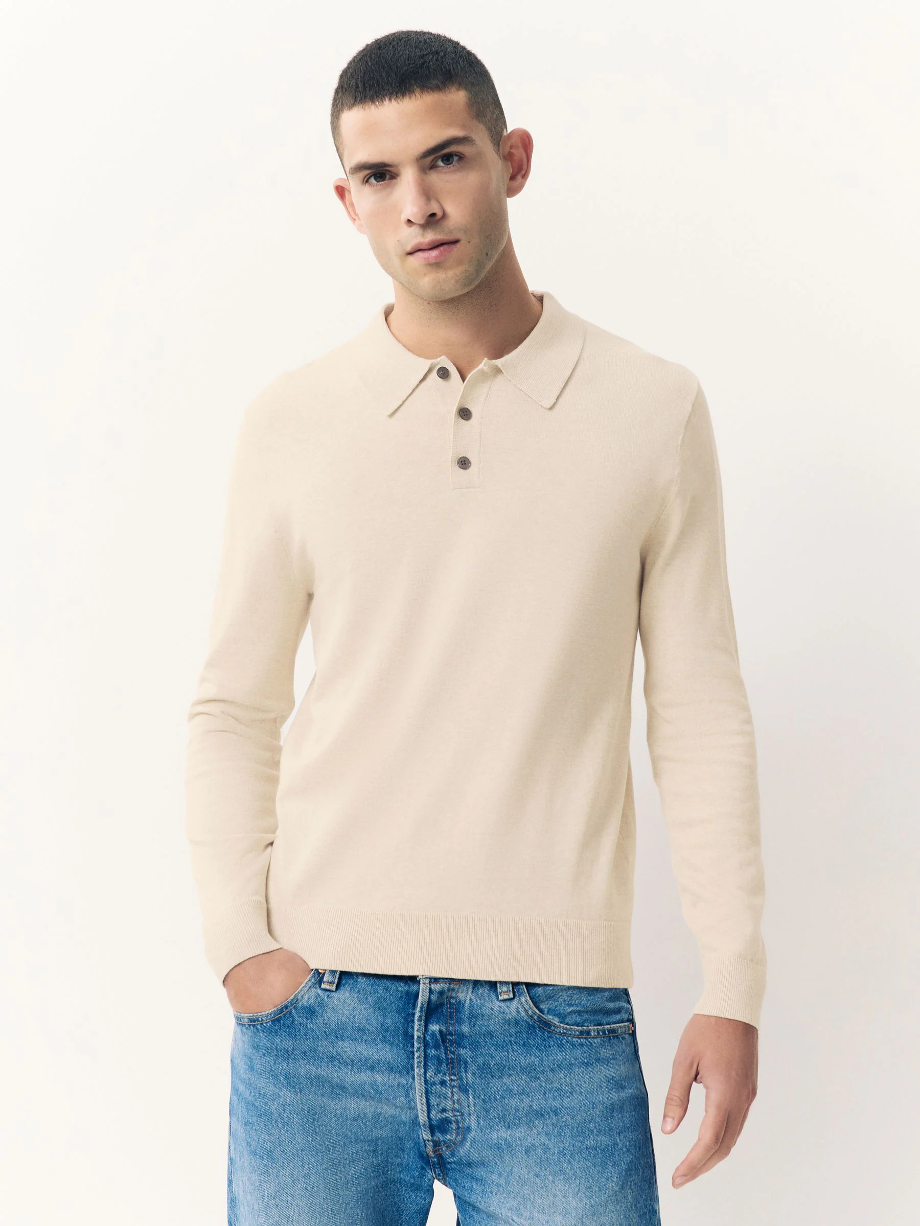 Gemêleerd naturel - Slim Fit - Katoenrijk gebreid poloshirt met lange mouwen