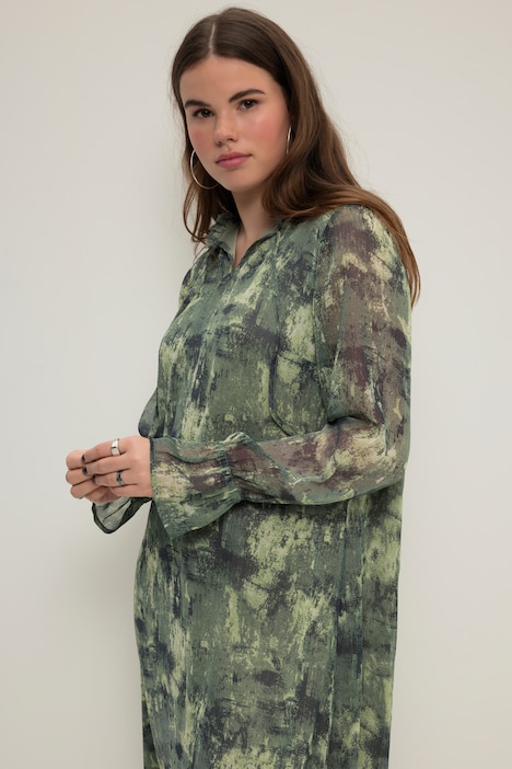 Maxikleid, A-Line, Chiffon, Allover-Print, Rüschenkragen, Langarm